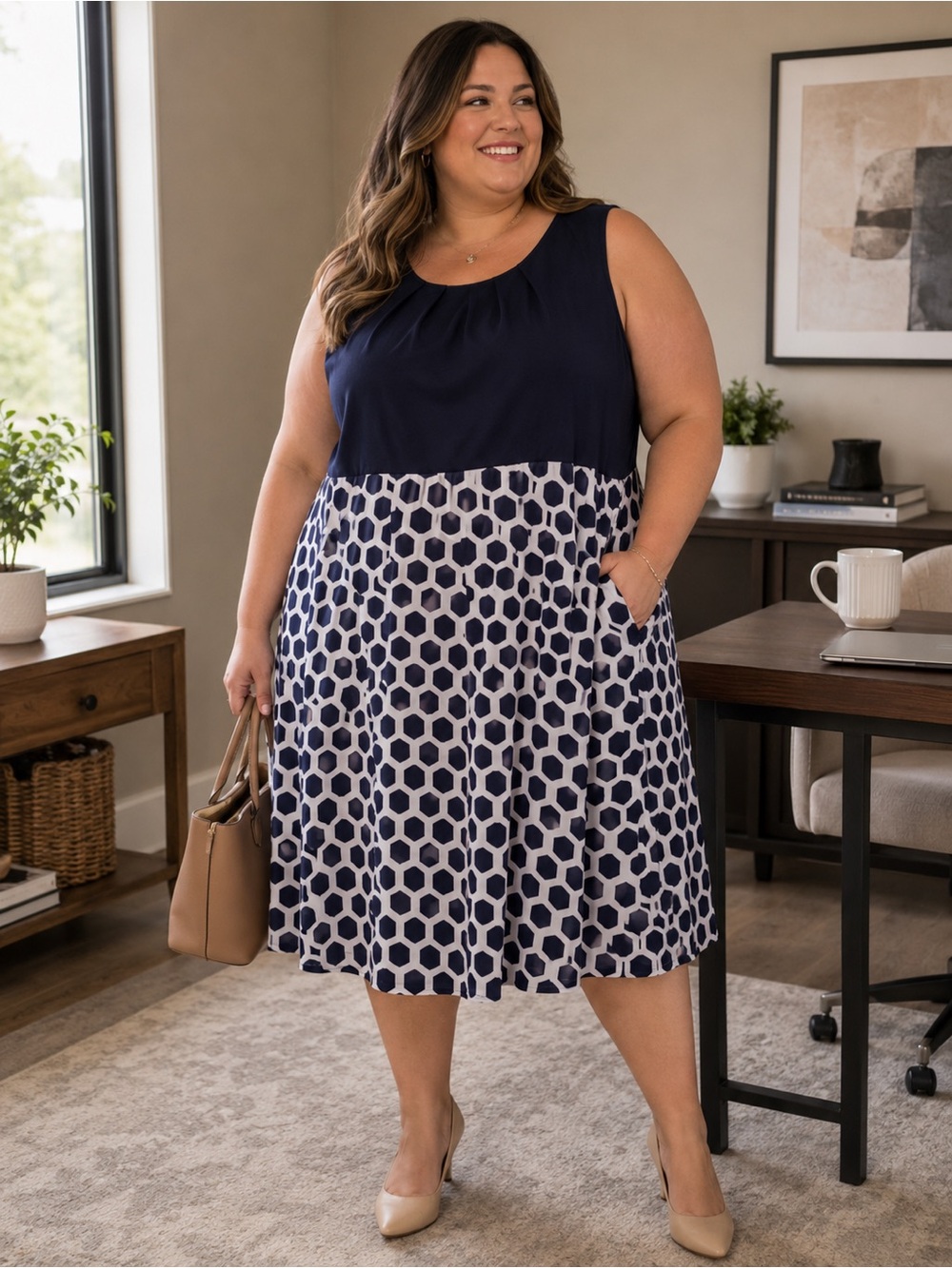 172.) Connected  Apparel Ptp 26”-28” / Navy & White Midi Dress